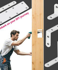 White 2.5 Inch Stainless Steel L Bracket 6 Pack Right Angle Corner Braces for Wood Shelves with screws in a DIY context.