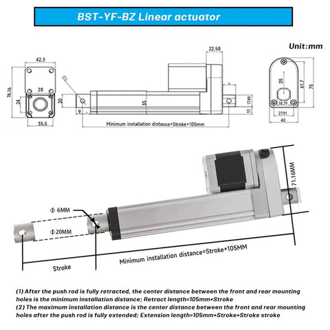 Top Shelf High Precision Nema17 Stepper Motor Electric Linear Actuator With Built In Drive Unit And Smooth 200Mm Stroke Rod technical diagram dimensions.