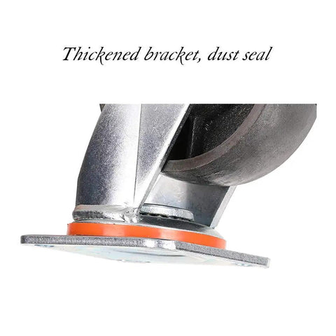 Thickened bracket and dust seal detail of Four Pack Heavy Duty Cast Iron Swivel Casters With Brakes For Tables And Workbenches Built Tough With Slick Glide Action Perfect For Garage Cart And Shop Setup 5.25 Inch Wheels.