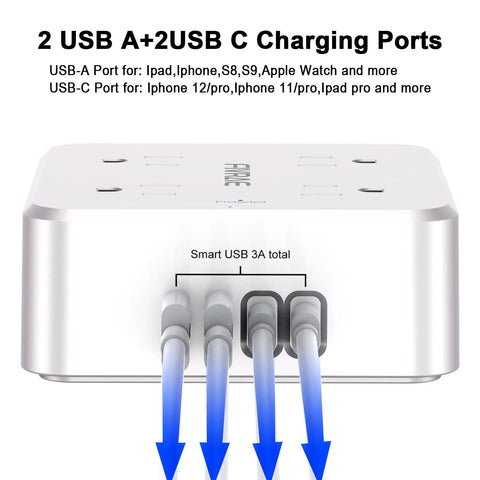 Knockout Ten Foot Extension Cord With Eight Separate Outlets And Four Fast USB Charging Ports Including Two USB C Plugs Compact Three Sided Surge Protector Power Strip for Home Office.