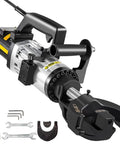 MXJCKSOQ Electric Hydraulic Rebar Bender with a 1500W motor, showing bending jaws and included tools for construction projects.