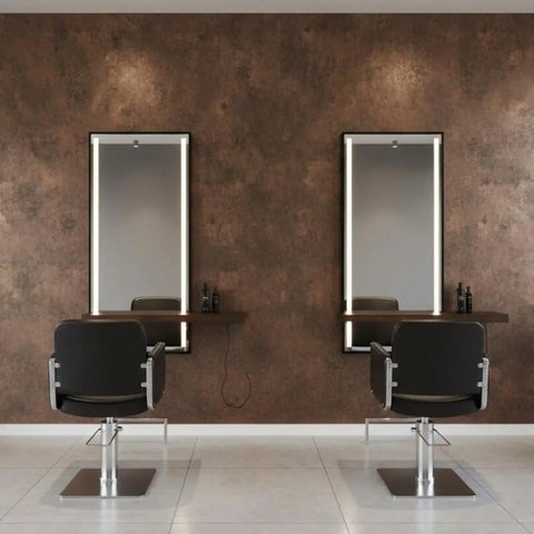 Salon interior with Rust Faux Metal Peel and Stick Architectural Film Self Adhesive Vinyl Wallpaper Door Wrap Countertop Border Mirror Molding Trim MG265