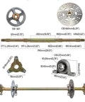 Diagram of Upgraded 740mm Go Kart Rear Axle Complete Kit With Brake Assembly Without Chain Sprocket; parts dimensions shown.