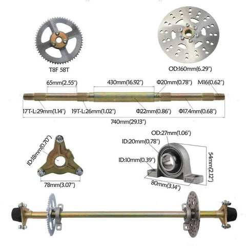 Diagram of Upgraded 740mm Go Kart Rear Axle Complete Kit With Brake Assembly Without Chain Sprocket; parts dimensions shown.