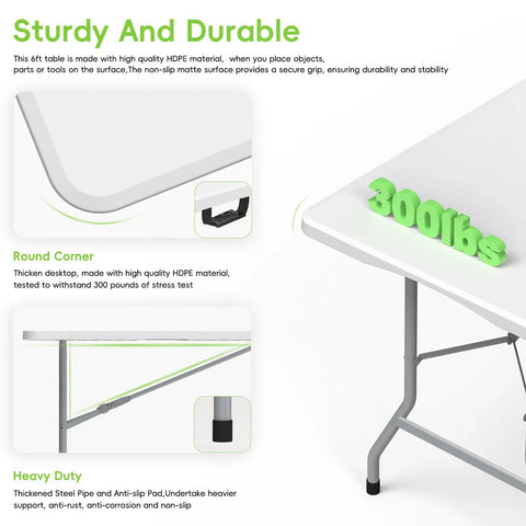 Six Foot Folding Table With Two Benches, Portable Indoor Outdoor Party Table Set showing HDPE top, steel legs, and weight capacity