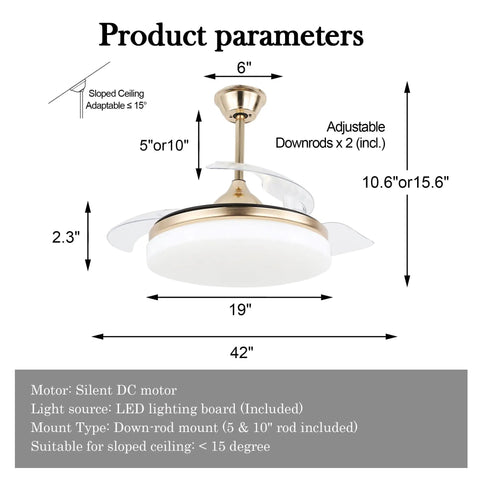 Diagram of 72 Inch Farmhouse Ceiling Fan With Lights And Caged Fandelier showing dimensions and adjustable downrod details.