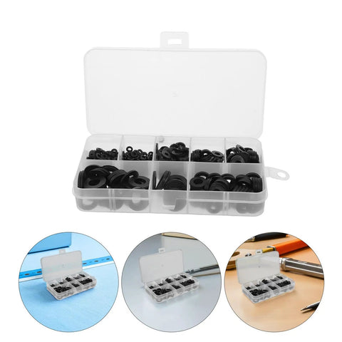 Plastic Flat Washer Kit For Screws And Bolts, Shock Absorption And High Temperature Insulation, Black Sealing Spacers For Electrical Outlets, Multi Size Assortment For DIY Projects And Home Improvement in plastic organizer case
