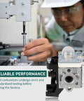 Engineer testing carburetor with text 'Reliable Performance' about Huztl carburetor testing process in factory setting.