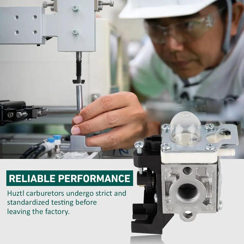 Engineer testing carburetor with text 'Reliable Performance' about Huztl carburetor testing process in factory setting.