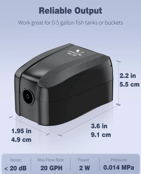 Front view of Pawfly aquarium air pump, black plastic housing, 20 GPH for 0-5 gallon tanks.