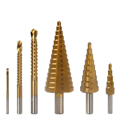 Awesome HSS Step Drill Bit Set With Hex Shank For Metal Wood And Plastic Perfect DIY Gear Include Multi Size Saw Bits From 4 To 32mm Tough Cutter Tools You Need To Tackle Any Project Like A Real Pro Today., gold HSS step drill bits with hex shank, 4-32mm sizes