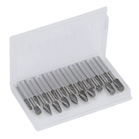 Pro Grade 20 Pcs Tungsten Carbide Double Cut Rotary Burr Set One Eighth Inch Shank Fits Dremel And Grinders Woodworking Carving Engraving Polishing With Handy Plastic Storage Box, open case