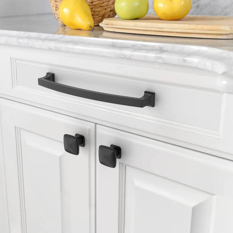 10 Pack 7 Inch Matte Black Cabinet Handles With 177mm Hole Centers, installed on white kitchen drawers.