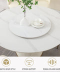 Top Shelf 7 Piece Round Marble Dining Table Set Featuring An Easy Glide Lazy Susan Turntable with marble surface and elegant vase.