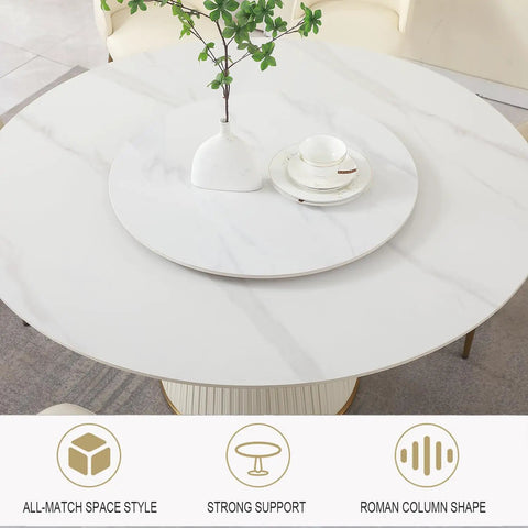 Top Shelf 7 Piece Round Marble Dining Table Set Featuring An Easy Glide Lazy Susan Turntable with marble surface and elegant vase.