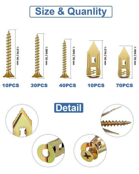 Heavy Duty Gold Self Drilling Drywall Anchors With Screws 160 Piece Kit sizes and details for various screw types.