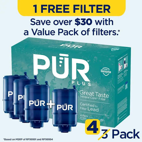 Faucet Mount Replacement Water Filter 4-Pack For Sink, 3-In-1 Mineral Filtration With Lead Reduction, Up To 100 Gallons Or 3 Months, Blue pack