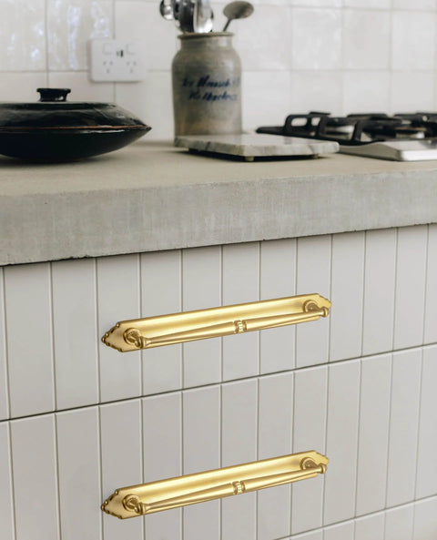 Champagne Bronze Cabinet Pulls 5.04 Inch Center To Center With Back Plate Zinc Alloy 2 Pack installed on white kitchen drawers