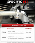 EZ Shift Neutral Gear Assist Kit For Harley M8 Touring And Trike Bikes Including Road Glide Street Glide Road King Electra Glide Softail 2018-2026 Aluminum Curved Chrome Linkage, close-up fit chart
