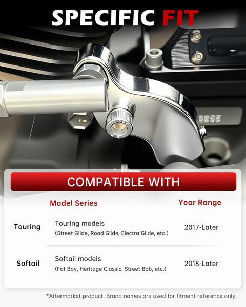 EZ Shift Neutral Gear Assist Kit For Harley M8 Touring And Trike Bikes Including Road Glide Street Glide Road King Electra Glide Softail 2018-2026 Aluminum Curved Chrome Linkage, close-up fit chart