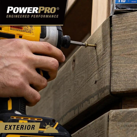 Hand using a drill to install Premium Bronze Wood Screws Killer Grip And No Sweat Installation For Heavy Duty Decking And Outdoor Projects Rust Resistant Ceramic Coating Self Starting Tip Two Half Inch 50 Pack.