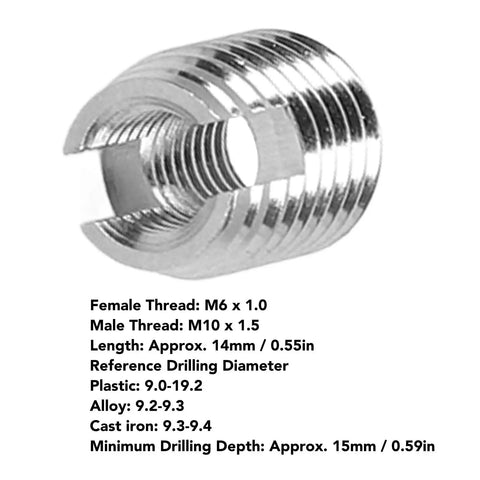 20 Piece Slotted Stainless Steel Self Tapping Threaded Inserts Set, Heavy Duty Conversion Kit For Aluminum, Copper, And Plastic Substrates, Easy DIY Thread Repair With Strong, Durable Fasteners. M6 x 1.0 insert, M10 x 1.5