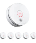 6-Pack Photoelectric Smoke Detectors With 9V Battery Backup UL217 Rated, white smoke alarms with test and silence button.