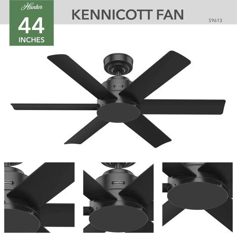 44 Inch Matte Black Ceiling Fan No Light For Indoor Outdoor Use Damp Rated With 6 Blades Standard Mount Wall Control SureSpeed Airflow