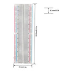 MB 102 Solderless Breadboard 830 Point Protoboard PCB Board dimensions with 2.54mm pitch and separable rows, shown vertically