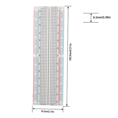 MB 102 Solderless Breadboard 830 Point Protoboard PCB Board dimensions with 2.54mm pitch and separable rows, shown vertically