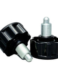 Pro Grade Mini Indexing Locking Plungers Deliver Real Deal Spring Loaded Positioning Power For Home Gym Builds And Machine Fabrication Precise M16 M18 Threads, black plastic and galvanized steel, two units shown.