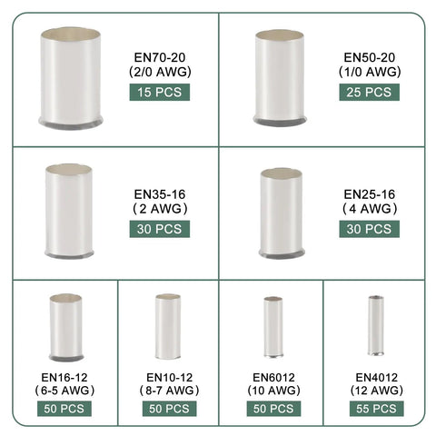 Pro Grade 305 Piece Wire Ferrule Kit With Copper Silver Plated Crimp Terminals Non Insulated Electrical Cable Sleeves in 8 Sizes AWG