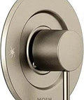 Align Brushed Nickel Moentrol Shower Valve Trim Kit With Volume Control For Modern Bath Update Requires Valve 3510 3520 Or 3570 T3291BN Compatible Coordinating Collection For Seamless Look And Easy Install, front view showing brushed nickel knob and plate