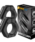 Heavy Duty Barbell Clamps For Secure Lifts Quick Release Olympic Bar Clamps with Anti Slip TPR Grip shown next to packaging