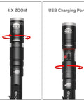 Rechargeable LED Pen Light Flashlight With 300 Lumens, IP67 Waterproof showing 4x zoom focus and USB charging port