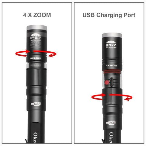Rechargeable LED Pen Light Flashlight With 300 Lumens, IP67 Waterproof showing 4x zoom focus and USB charging port