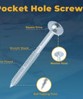 Pocket Hole Screws 1-1/4 Inch With Square Drive Size 8 Wood Screws 620 Pieces Fine Thread Washer Head Self Tapping Zinc Plated
