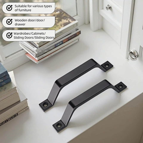 6.1 Inch Matte Black Sliding Barn Door Handle Pull 2 Pack Heavy Duty Zinc Alloy For Cabinet Drawer Dresser Closet No Drill Install Easy Mount Rustproof displayed on a white surface near books