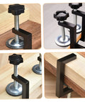 2 Pack Adjustable Patio Furniture Clips For Rattan Sofas And Outdoor Wicker Chairs Heavy Duty Fasteners To Stop Shifting And Keep Sectional Sets Connected Easy Install Garden And Patio Accessories, showing black aluminum clips on wooden surfaces.