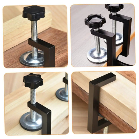 2 Pack Adjustable Patio Furniture Clips For Rattan Sofas And Outdoor Wicker Chairs Heavy Duty Fasteners To Stop Shifting And Keep Sectional Sets Connected Easy Install Garden And Patio Accessories, showing black aluminum clips on wooden surfaces.