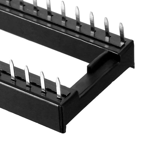 Close-up of DIP IC Socket Adapter For Solder Type 2.54mm Pitch Dual Row 28 Pin Flat Pin Connector 15.24mm Row Pitch for PCBs.