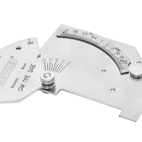 VASTOOLS Cam Weld Gauge, stainless steel with metric and inch scales, up to 2 in (50 mm), close-up view