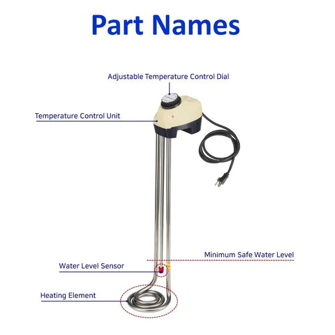 Diagram of Immersion Bucket Water Heater 1500W With Auto Shutoff, showing parts including heating element and water level sensor.