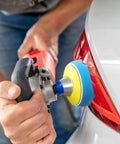 Person using 130 Pcs 3 Inch Sanding Discs Kit Wet Dry Grit 60 To 10000 With One Eighth Inch And One Quarter Inch Shank Backer Plate M10 on car