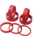 Aluminum Bike Headset Spacers For One And One Eighth Inch Stems Lightweight MTB BMX Road Bike Spacers Set 2mm 3mm 5mm 10mm Options 7 Pack In Anodized Red Finish Corrosion Resistant Upgrade For A Smooth Dope Ride, showing red anodized spacers of various sizes