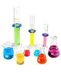 9 Piece Borosilicate Glass Labware Set with beakers, Erlenmeyer flasks, and cylinders filled with colorful liquids on display