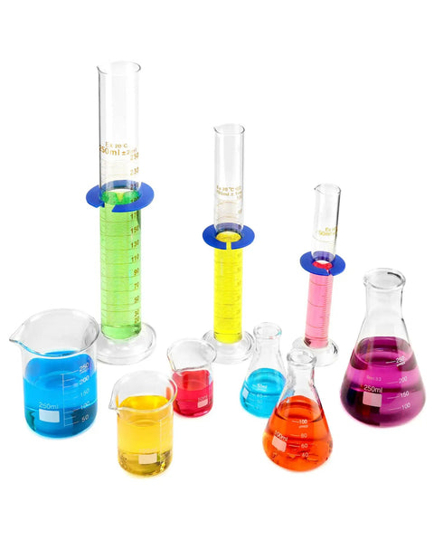 9 Piece Borosilicate Glass Labware Set with beakers, Erlenmeyer flasks, and cylinders filled with colorful liquids on display