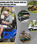 Two Seat Golf Cart Seat Belt Kit With 42 Inch Retractable Straps shown on various golf carts like EZGO Yamaha Club Car
