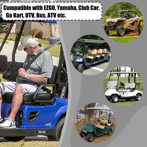 Two Seat Golf Cart Seat Belt Kit With 42 Inch Retractable Straps shown on various golf carts like EZGO Yamaha Club Car