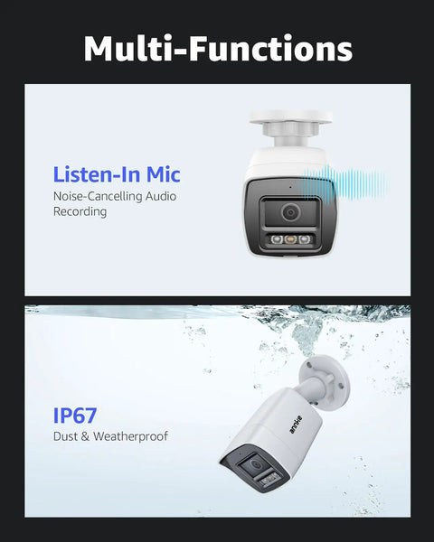 4K PoE Security Camera With AI Human And Vehicle Detection, IP67 waterproof, built-in microphone for outdoor use.